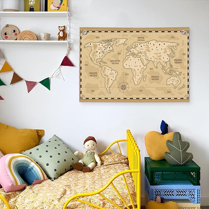 Wheatwin World Map Wall Art Banner for Kids 20x30, Vintage World Maps for Wall, World Map Cute Animal Educational Tapestry Wall Hanging Canvas Wall Decor Banner Flag Decor for Kids Room Playroom Classroom