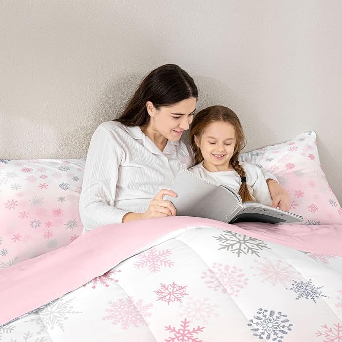 Feelyou Pink Snowflake Comforter Set Twin, Glitter Snowflake Comforter for Boys Girls Winter Theme Bedding Set Winter Holiday Duvet Set Decorative 2Pcs