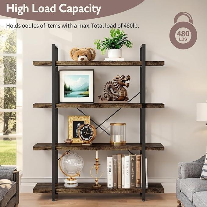 4 Tier Bookcase, 47 Inch Wide Wood Bookshelf, 120lbs Shelf Capacity Estante, Rustic Open Shelving Industrial Display with Reinforced Horizontal Brown Shelves for Living Room Bedroom Office