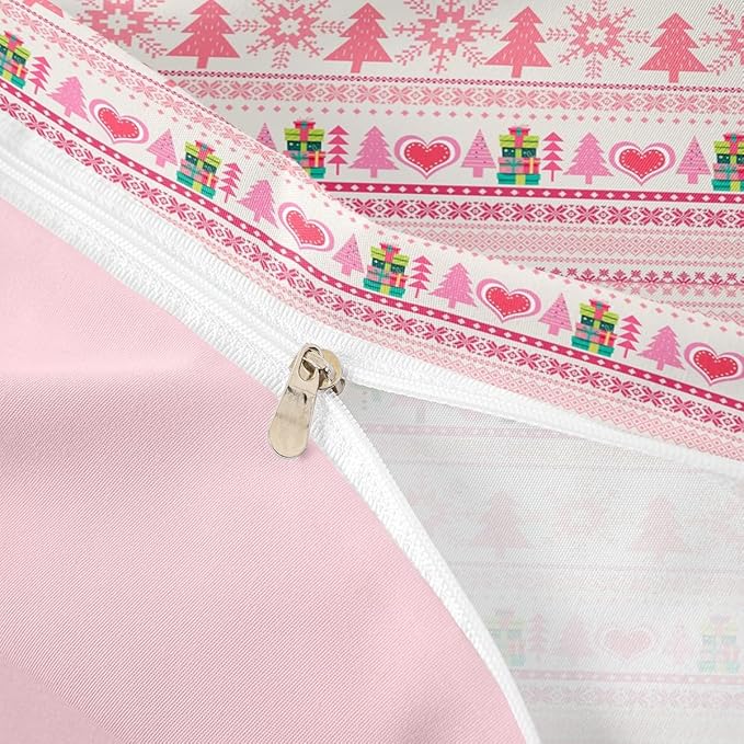 Christmas Comforter Cover Cartoon Santa Claus Snowman Bedding Set Pink Snowflake Christmas Tree Duvet Cover for Kids Boys Girls Microfiber Boho Stripes Bedspread Cover Room Decor Bedclothes Toddler