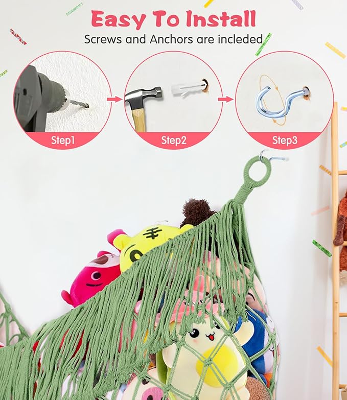 Stuffed Animal Hammock - Extra Large 63'' Long, Stuffed Animal Storage, stuffed animal Holder net, Toy Hammock Large, Toy Storage Hanging Organizer - Bean paste green