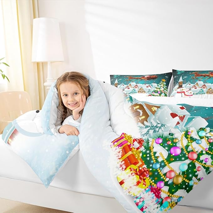 Manfei Christmas Comforter Set King Size, Xmas Tree Snowman Bedding Set 3pcs for Kids Boys Girls Room Decor, Santa Claus with Reindeer Quilt Set New Year Theme Duvet Set with 2 Pillowcases