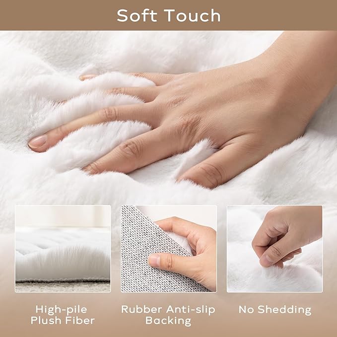 Ashler Faux Rabbit Fur Rug, White 5x7 FT Fluffy Soft Runner Area Rugs, Rectangle Fuzzy Carpet for Living Room, Bedroom, Machine Washable Shaggy Nursery - 3D Bubble Mat