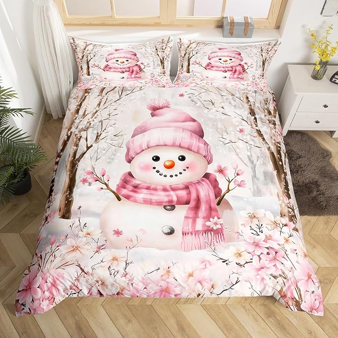 Manfei Christmas Kids Duvet Cover Set Twin Size, Cute Snowman Xmas Bedding Set for Boy Girls Room Decor, Pink Flower New Year Comforter Cover, Soft Polyester Quilt Cover, 1 Pillowcase, No Comforter
