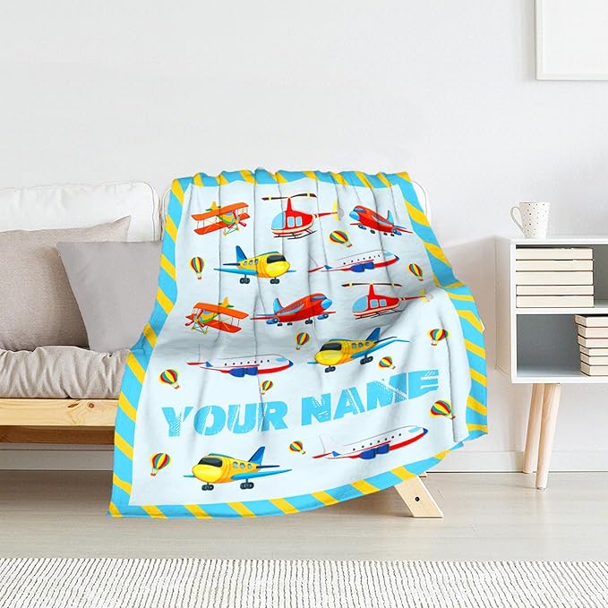 Custom Cute Throw Blanket for Adults - 60" x 80" Inches Airplane Throw Gifts for Boys - Blue Warm Cozy Aircraft Blanket for Bed, Couch, Travel