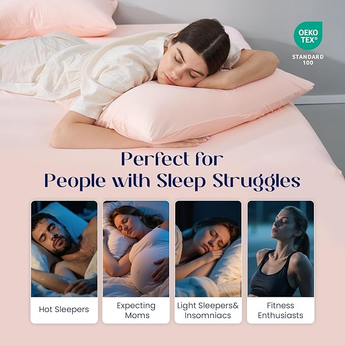 Dream Valley® King Size Sheets Set, Cooling Fitted Sheet with 2 Pillowcase-3 PCS with No Flat Sheet,Q-Max > 0.4 Aerocool, Cooling for Night Sweats, Hot Sleepers,deep Pocket up to 15",Pink Blush