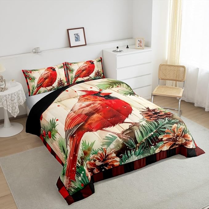 jejeloiu Kids Red Cardinal Comforter Set Queen Size Christmas Red Black Plaid Bedding Set for Boys Girls Teens Xmas Birds Winter Rustic Wood Plank Animal Duvet Quilt Room Decor