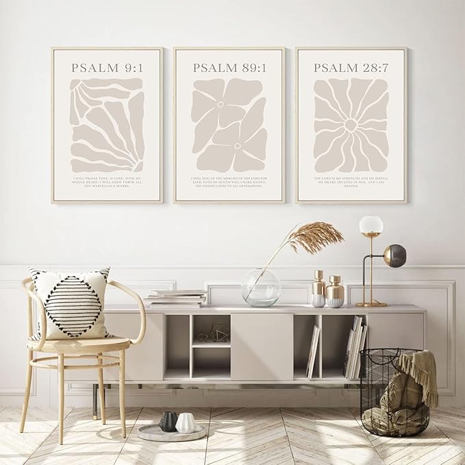Joocrise Scripture Christian Wall Art Set of 3 Beige Bible Verses Wall Decor Neutral Psalm Canvas Wall Art Modern Pictures Flower Prints Christian Artwork for Living Room Bedroom 12x16 Inch Framed