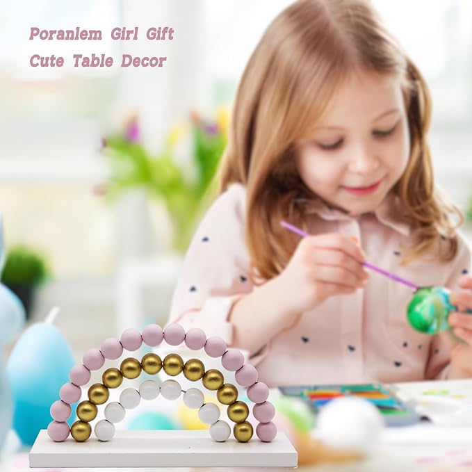 Girl Nursery Decor Rainbow Room Decoration Wooden Pink Bead Baby Gift Cute Wall Shelf Ornament Kids Playroom Boho Decorative 8.66 X 4.5 Inch Table Decor