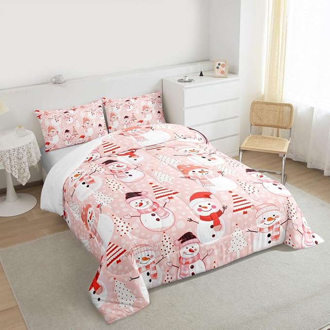 Manfei Christmas Comforter Set Full Size, Snowman and Xmas Trees Down Comforter with 2 Pillowcases, New Year Pink Bedding Set 3pcs for Kids Girls Adults Bedroom Decor Lightweight Duvet Insert