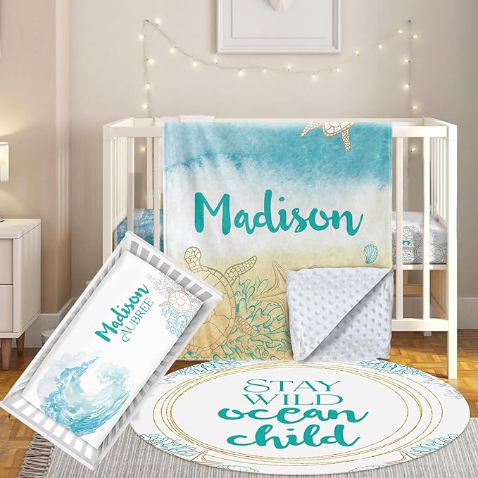 Custom Baby Crib Bedding Set, 3 Pcs Personalized Nursery Bedding Set with Name, Soft Baby Bedding Crib Sets with Blanket - Toddler Crib Sets for Girls Boys, Infant Newborn Gifts, Blue Ocean