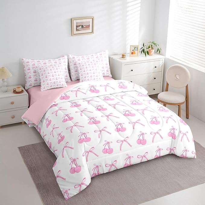 7 Pieces Cherry Bowknot Kid Comforter Set King,Pink Bow Tie Butterfly Knot Princess Bedding Set,Cartoon Bow Patchwork Dreamy Sweet（Comforter+Fitted+Flat Sheet+2 Pillowcases+2 Throw Pillow Covers）