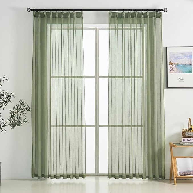 Sage Green Pinch Pleated Sheer Curtains 108 Inches Long, 50 Inches Width, Rustic Linen Look Light Filtering Drapes Decor, Thin Textured Transparent Window Curtain Panels Floor to Ceiling