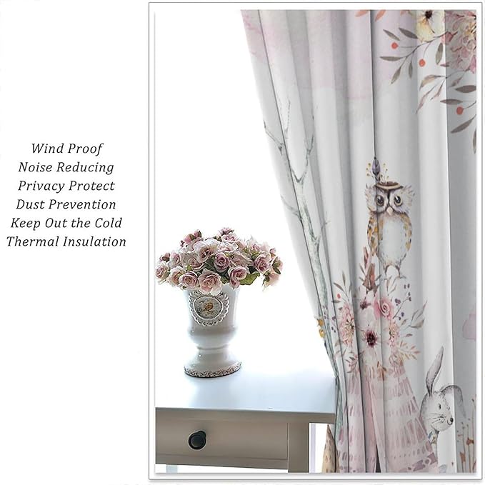 Forest Animal Curtains for Kids, Pink Watercolor Woodland Animal Window Treatments Fox Deer Owl Wildlife Safari Jungle Bear Window Drapes for Girls Nursery Toddler Bedroom 84x84in