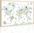 Green Kids World Map Wall Art Animal Map Canvas Art Nursery Wall Decor World Map Poster Childrens Room Decor Playroom Prints Educational Artwork 16x24 Inch framed