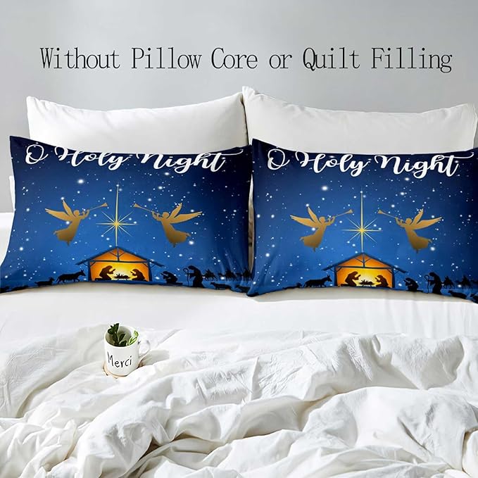 LUVIVIHOME 2PCS Christmas Duvet Cover Twin Bedding Sets, Navy Blue Duvet Cover, Galaxy Oh Holy Night Nativity Scene Angel Winter Holiday Xmas Christmas Comforter Cover, Bed in a Bag, 1 Pillow Case