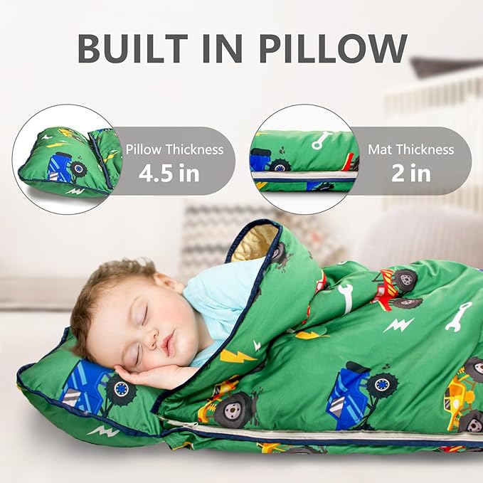 Primlect Toddler Nap Mat Extra Large Thickened 55''x35'', Soft Sleeping Bag with Detachable Minky Blanket and Pillow, Portable for Daycare, Preschool, Kindergarten, Travel, Boys and Girls