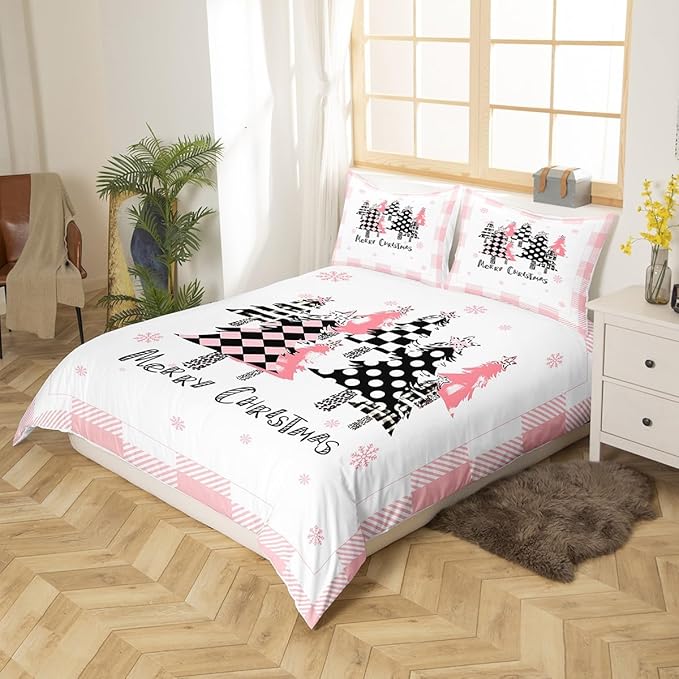 Merry Christmas Duvet Cover Set Queen Size, Pink Plaid Xmas Trees Bedding Set 3pcs, New Year Holiday Quilt Cover with Zipper Closures, Kids Girls Santa Claus Room Decor, 2 Pillowcases, No Comforter