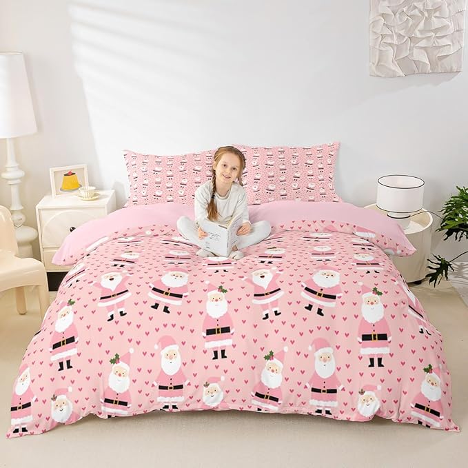 Christmas Bedding Set for Kids Boys Girls Cute Santa Claus Comforter Cover Set Cartoon Xmas Theme Duvet Cover Bedroom Decor Pink Dreamy Heart Bedspread Cover Queen Size Bedding Collection 3Pcs