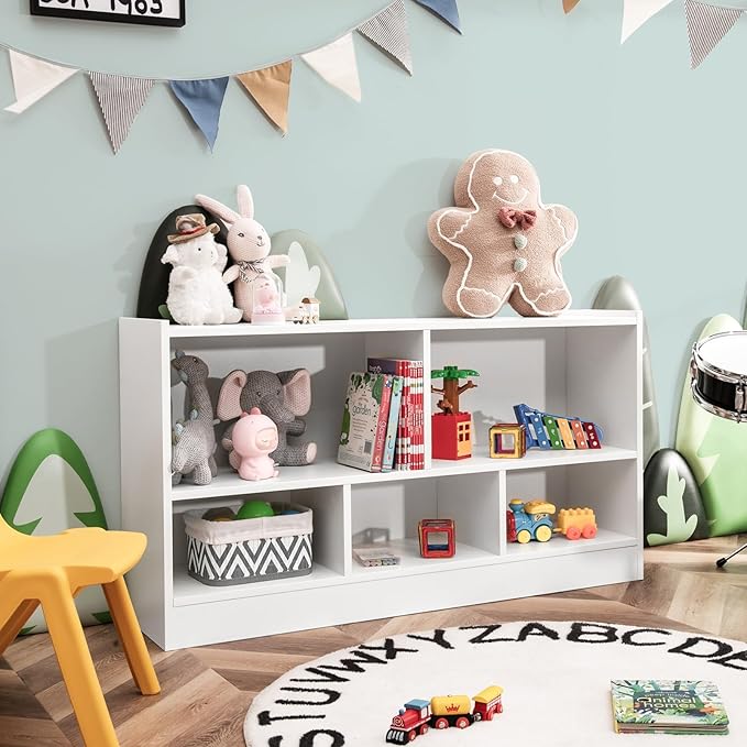 Costzon Toy Storage Organizer for Kids, 5-Section School Classroom Storage for Organizing Books Toys, Wooden Kids Bookshelf Daycare Furniture for Preschool, Playroom, Nursery, Kindergarten (White)