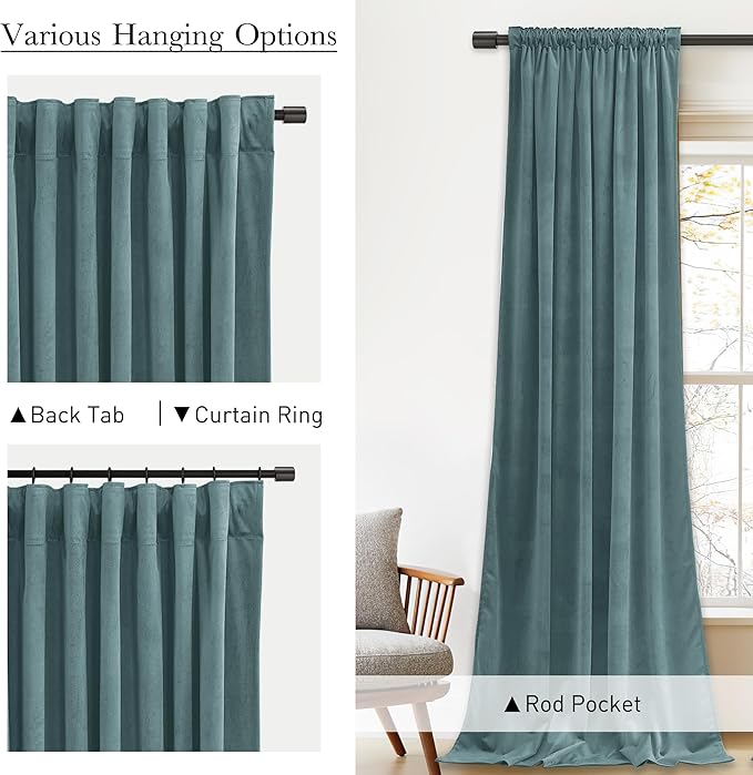 StangH Dark Slate Velvet Curtains 52 x 84, Room Darkening Super Soft Drapes for Bedroom Living Room, Thermal Insulated Window Treatment, 2 Panels