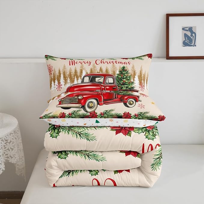 Erosebridal Merry Christmas King Bedding Set Red Truck Comforter Sets for Kids Boys Girls Teens Room Decor,Xmas Tree Down Comforter Red Black Buffalo Plaid Decor Bed Set Car Printed Themed Quilt Set
