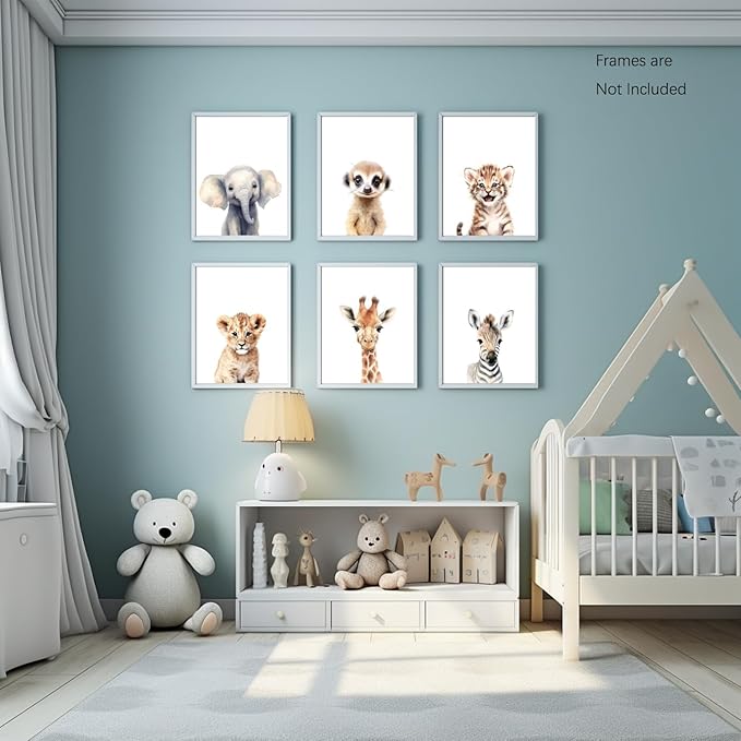 Wodkwq Nursery Wall Art Safari Animal Canvas Prints Baby Girl Boy Room Decor Poster Pictures Cute Jungle Theme Toddler Room Decoration Painting Set of 6 for Kids Bedroom Bathroom 8x10in Unframed