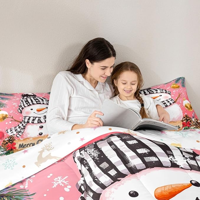 Feelyou Merry Christmas Kids Comforter Set Twin Size Cute Snowman Bedding Set Snowflake Duvet Quilt for Kids Boys Girls Bedroom Winter Decor Microfiber Ultra Soft Breathable