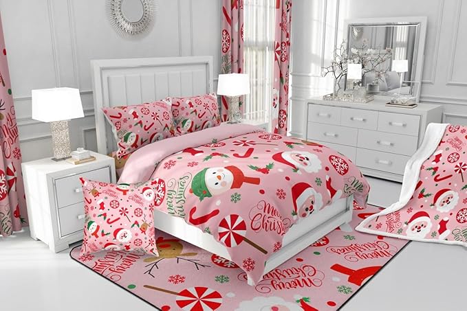 Feelyou Merry Christmas Kids Comforter Set Toddler Size Santa Claus Snowman Bedding Set Deer Berries Duvet Quilt for Kids Boys Girls Bedroom Snowflake Decor Microfiber Ultra Soft Breathable
