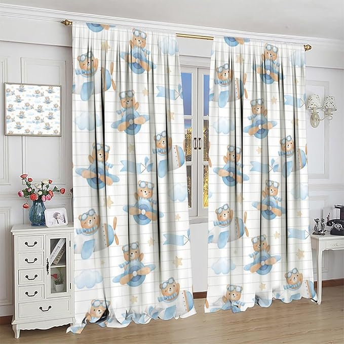 Cartoon Bear Curtains, Lovely Bear Adventure Airplane Blue White Stripe Window Treatments, Rod Pocket Thermal Insulated Drapes 2 Panel Sets for Kids Bedroom Nursery Classroom, 42" W X 45" L