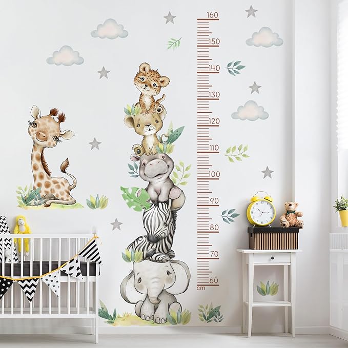 Jungle Animals Height Chart Sticker for Kids Height Measurement Growth Chart Wall Decals Cartoon Animals Giraffe Elephant Height Measurement Ruler Wall Decor for Kids Baby Bedroom Classroom Decoration
