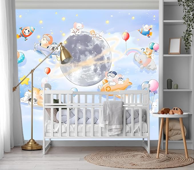 XMPMBM-Cartoon Animals Nursery Room backsplash Large Decorative Wallpaper Clouds The Moon Bedroom Bathroom Wall Mural- W 132" X H 92"（93 Square Foot）