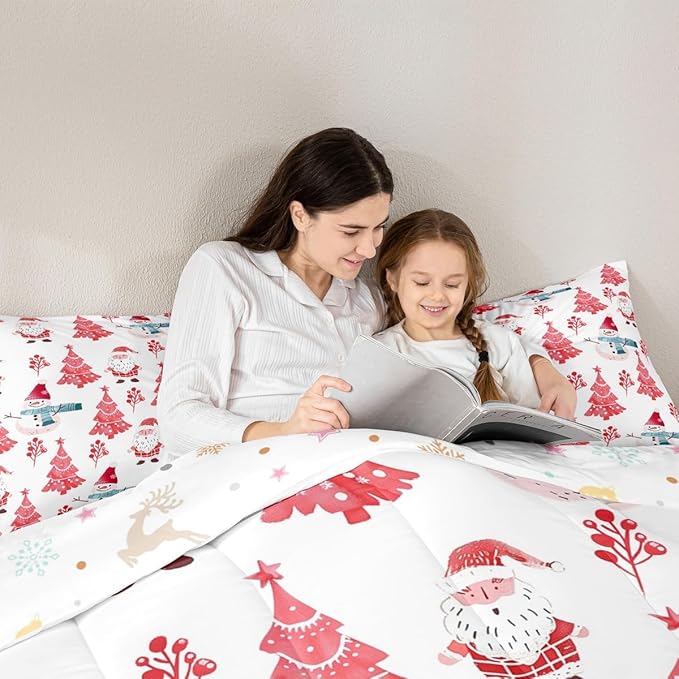 Feelyou Merry Christmas Comforter Set All Season Xmas Tree Snowman Bedding Set with 2 Pillow Cases Santa Claus Microfiber Kids Queen Bedclothes Bedroom Decor Duvet Quilt Breathable Soft