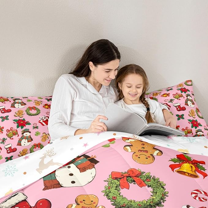 jejeloiu Merry Christmas Comforter Set Full Size Cute Snowman Bedding Set for Kids Boys Girls Gingerbread Man Duvet Quilt Pink Bedroom Decor