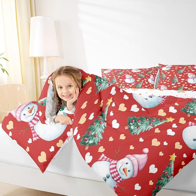 Feelyou Merry Christmas Comforter Set King Size Cute Snowman Bedding Set for Kids Boys Girls Christmas Tree Duvet Quilt Love Hearts Microfiber 3 Pcs with 2 Pillow Cases