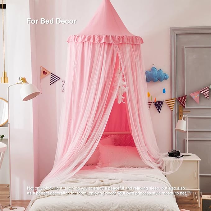 Bed Canopy for Girls, Double Layer Dome Mosquito Net Princess Canopy for Girls Bed Room Decor Reading Nook (Pink)