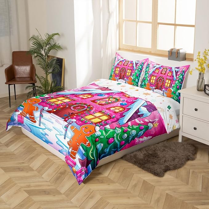 Feelyou Merry Christmas Comforter Cover Set Gingerbread Man Bedding Set Twin Size for Kids Boys Girls Bedroom Bed Decor Christmas Duvet Cover Set Soft Quilt Cover,No Comforter