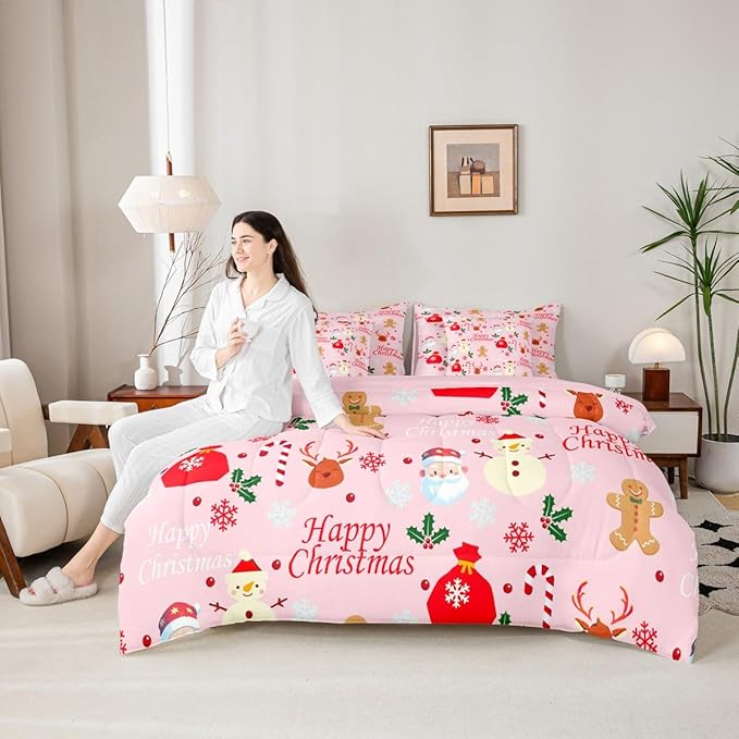 Christmas Deer Queen Comforter Set with Sheets for Kids Boys Girls Cute Gingerbread Man 7 Pieces Bedding Set Christmas Santa Claus Bed in a Bag Reversible Pink Decor Room Decor Soft Lightweight