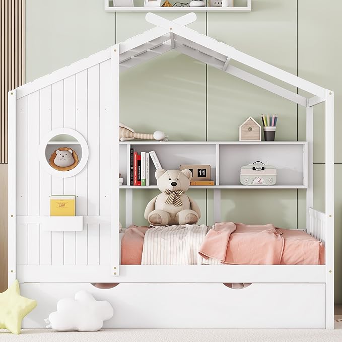 Harper & Bright Designs Full Size Modern House Bed with Roof, Wooden Twin Kids House Bed Frame with Trundle and Storage Shelf, White