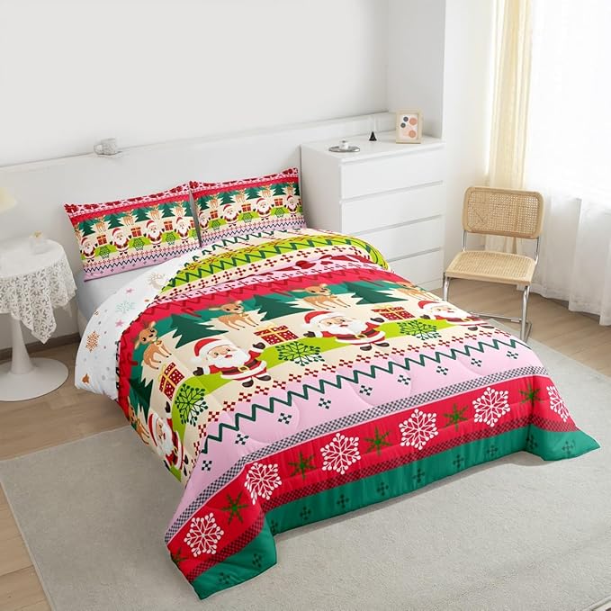 Feelyou Merry Christmas Comforter Set King Size Santa Claus Bedding Set for Kids Boys Girls Cute Deer Duvet Quilt Snowflake Bedroom Decor Microfiber 3 Pcs with 2 Pillow Cases