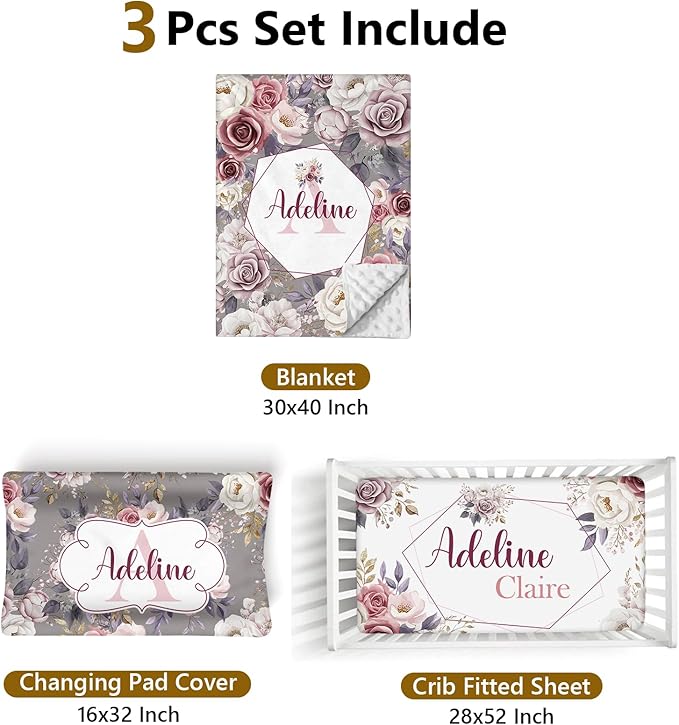 Custom Name Crib Bedding Set, 3 Pcs Personalized Baby Crib Bedding Set, Soft Rose Nursery Crib Sets for Boys Girls, Double Layer Toddler Bedding Set Customized Gifts for Newborn Kids