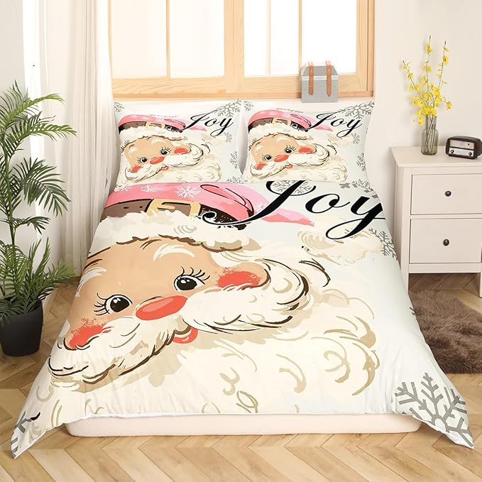 jejeloiu Pink Christmas Bedding Set for Kids Boys Girls Santa Claus Comforter Cover Set Full Size New Year Decor Duvet Cover Bedroom Decor Xmas Bedspread Cover Bedding Collection 3Pcs