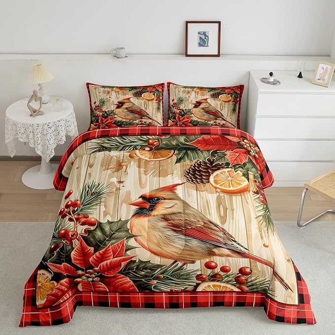 jejeloiu Kids Red Cardinal Comforter Set Toddler Christmas Red Black Plaid Flower Bedding Set for Boys Girls Teens Xmas Birds Animal Lemon Winter Wood Plank Duvet Quilt Room Decor