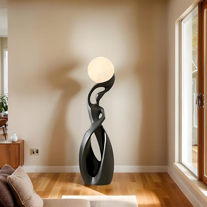 Bofea-Unique Moon Floor Lamp for Living Room,Modern Black Standing Lamps with 3D Printing Frosted Shade,Corner Art Deco Lamp,Creative Resin Tall Floor Lights for Living Room Bedroom.