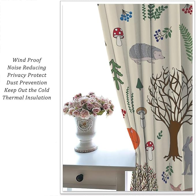Kids Forest Animal Curtains, Rustic Cute Wild Animal Fox Deer Hedgehog Window Treatments Farmhouse Woodland Window Drapes for Girls Boys Nursery Toddler Bedroom 84x84in