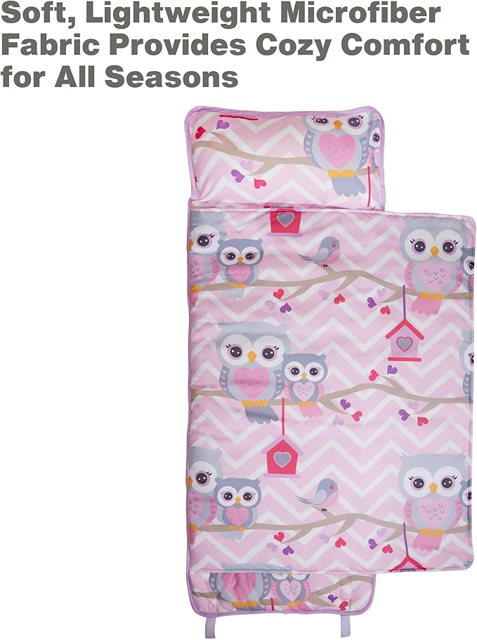 EVERYDAY KIDS Nap Mat with Removable Pillow - Carry Handle with Straps Closure, Rollup Design, Soft Microfiber for Preschool, Daycare, Travel Sleeping Bag - Sweet Owls - Ages 3-6 Years