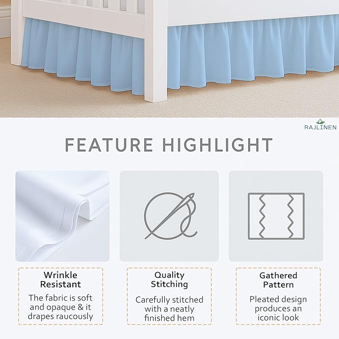 Rajlinen Ruffled Crib Bed Skirt, Microfiber, Dust Ruffle with Split Corners, 14" Drop, Nursery Toddler Bedding for Baby Boys or Girls, Light Blue