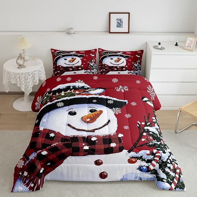 Feelyou Kids Christmas Theme Decorations Bedding Set Xmas Snowman Comforter Set for Boys Girls Snowflake Kawaii Cute Comforter Red Quilt Set Bedroom Collection Toddler Size