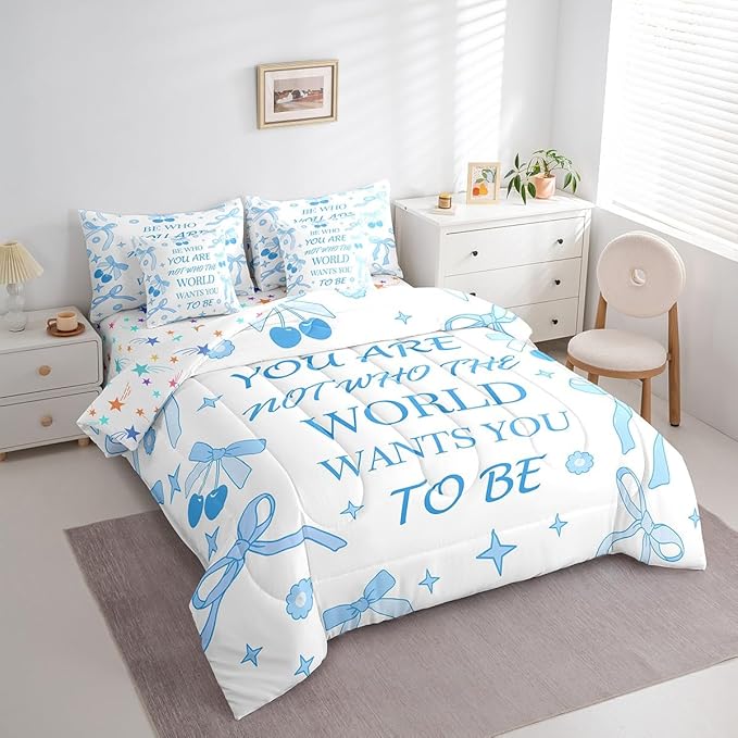 7 Pieces Blue Bowknot Kids Comforter Set Queen,Cherry Tropical Fruit Cartoon Princess Bedding Set,Bow Tie Stars Daisy Cute Blue Dreamy（Comforter+Fitted+Flat Sheet+2 Pillowcases+2 Throw Pillow Covers）