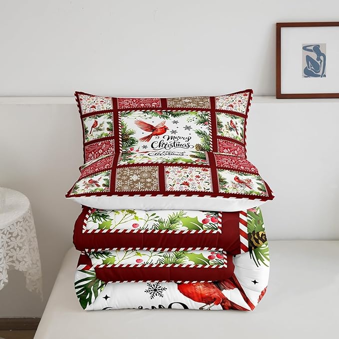 Castle Fairy Merry Christmas Full Size Comforter Set,Xmas Patchwork Watercolor Cardinal Bird Bedding Comforters Bedroom Collection,Floral Leaves Snowflakes Plaid Bedding Set for Girls Teens